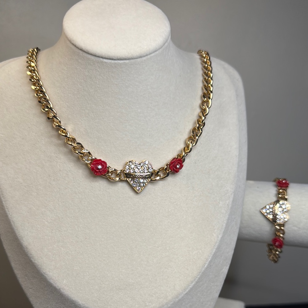 Juicy Couture Gold Heart Rhinestone Necklace and Bracelet Set with Red Roses